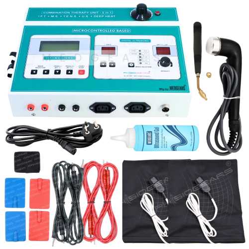 Physiogears 5 In 1 IFT MS Tens Ultrasonic Deep Heat Physiotherapy Machine Electrotherapy Combo Physiotherapy Machine with one Year Warranty For all Pain Relief Device (Electrode Pad)
