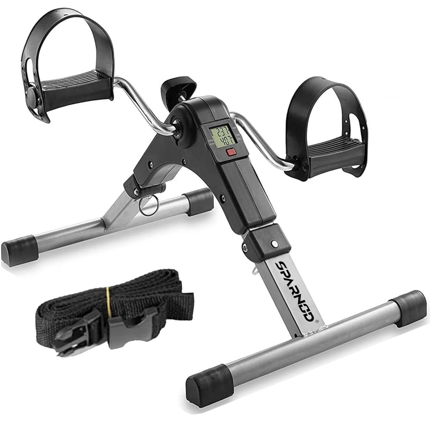 SPARNOD FITNESS SMB-100 Mini Cycle Pedal Exerciser with Fixing Strap, Adjustable Resistance and Digital Display - Suitable for Light Exercise of Legs, Arms, and Physiotherapy at Home, Black